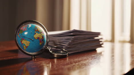world map on a desk with documents and a hand