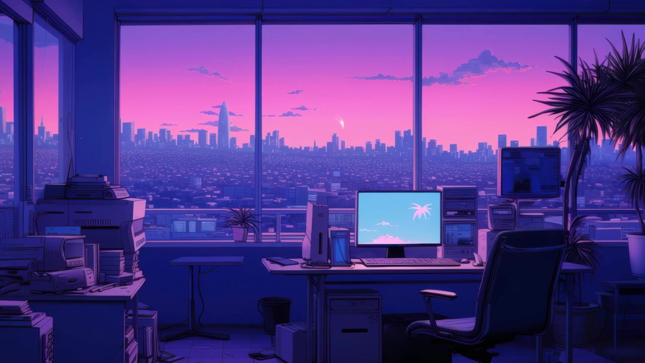 Anime Style Office Workspace Overlooking City Skyline at Sunset