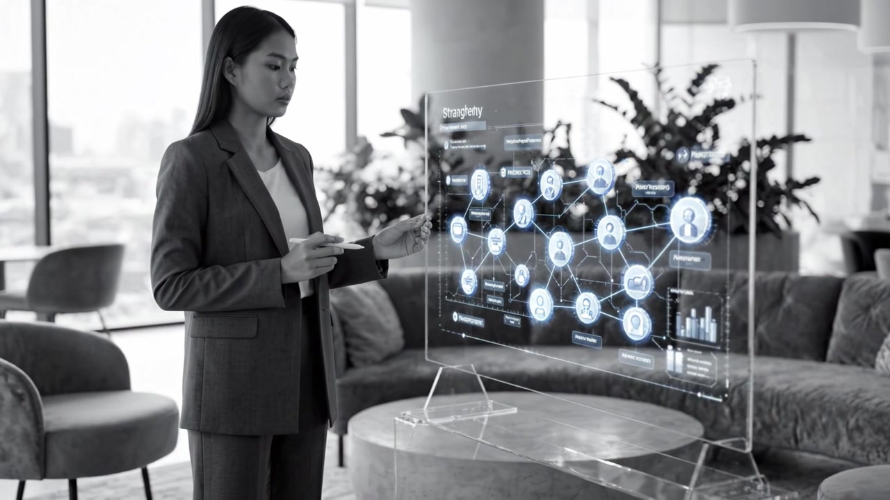 Una Donna Professionista con un Display Digitale in un Ambiente d'Ufficio Moderno, che Analizza Dati e Connessioni in un Ambiente High-Tech