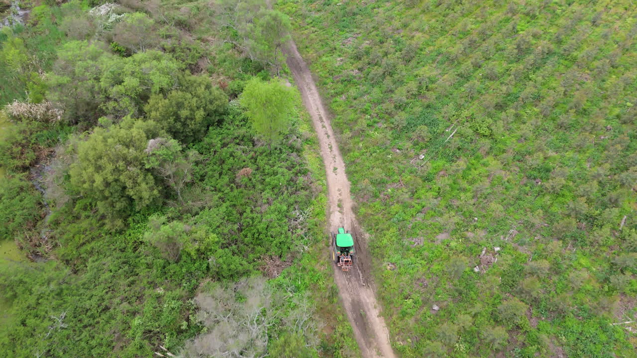 A green vehicle drives along a path surrounded by lush fields and dense forests.