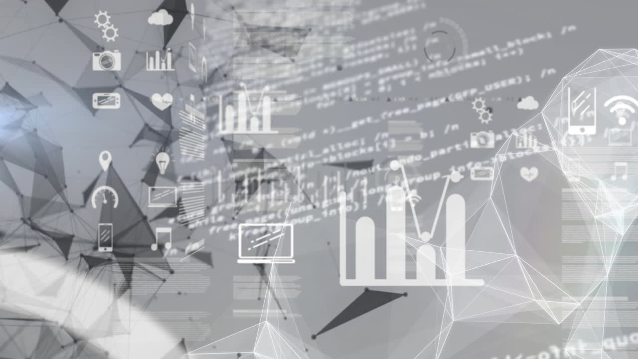 백색 배경에 연결 네트워크를 통해 아이콘으로 데이터 처리의 애니메이션