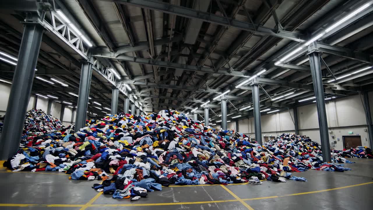 Wide-angle shot of a massive pile of clothes in a warehouse, highlighting consumerism and waste