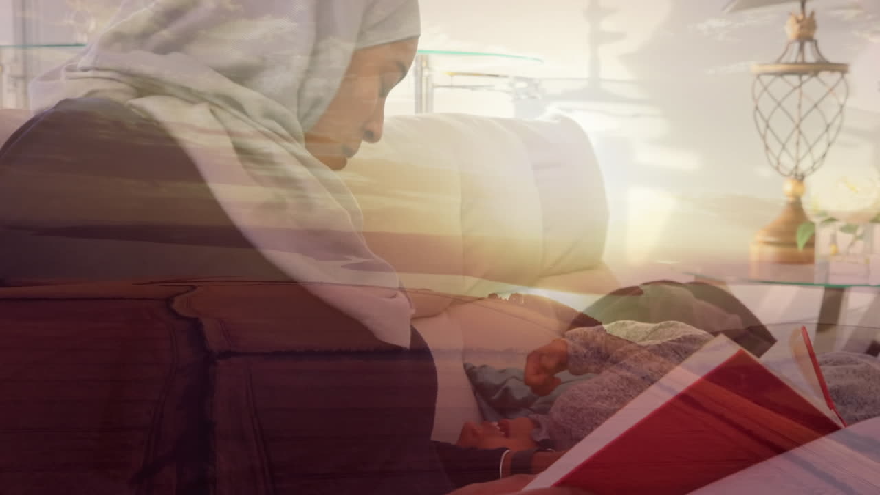 히자브 를 입은 여자 가 책 을 읽고 있는 도시 풍경