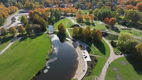 colorful autumn foliage and winding paths in victory park aerial, riga, latvia