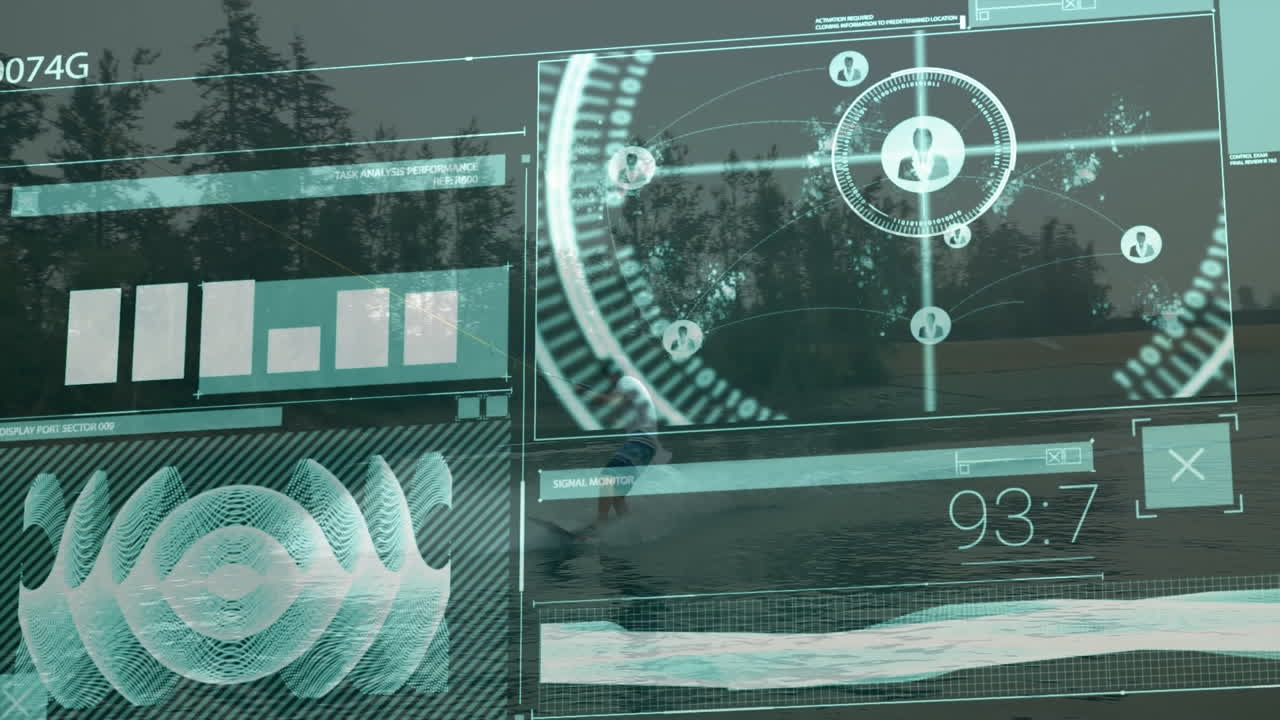animación de pantallas con procesamiento de datos sobre el paisaje urbano