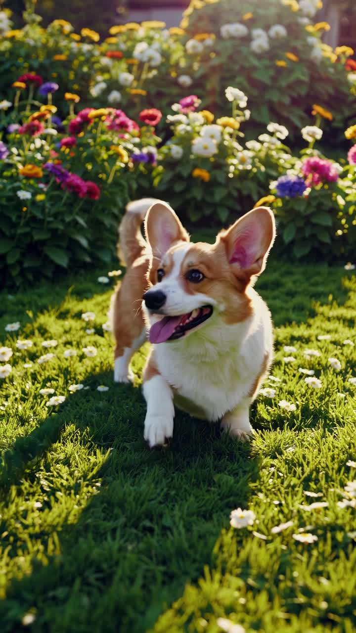 A playful corgi runs through a vibrant garden, captured from a low-angle, creating a lively