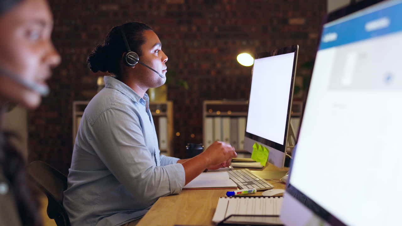 Crm, computer or man talking in call center