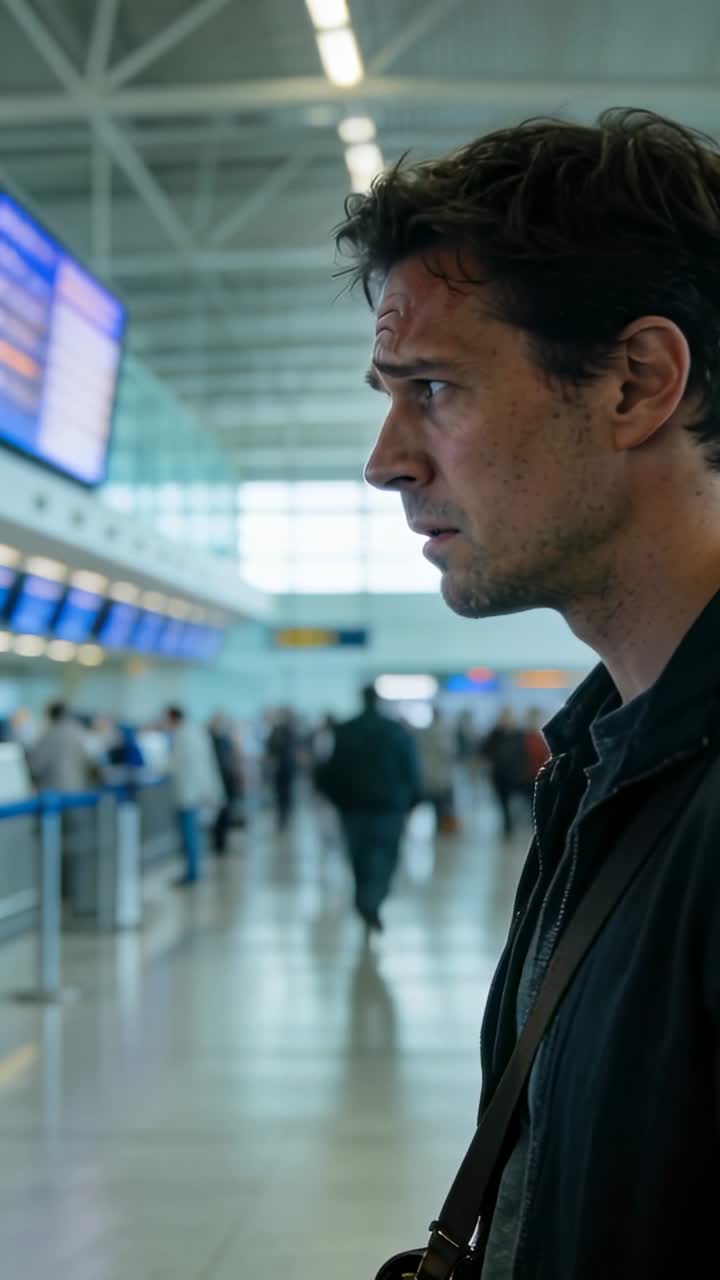 Reacting to flight board updating, jacketed man scanning check-in crowd with bag strap, copy space