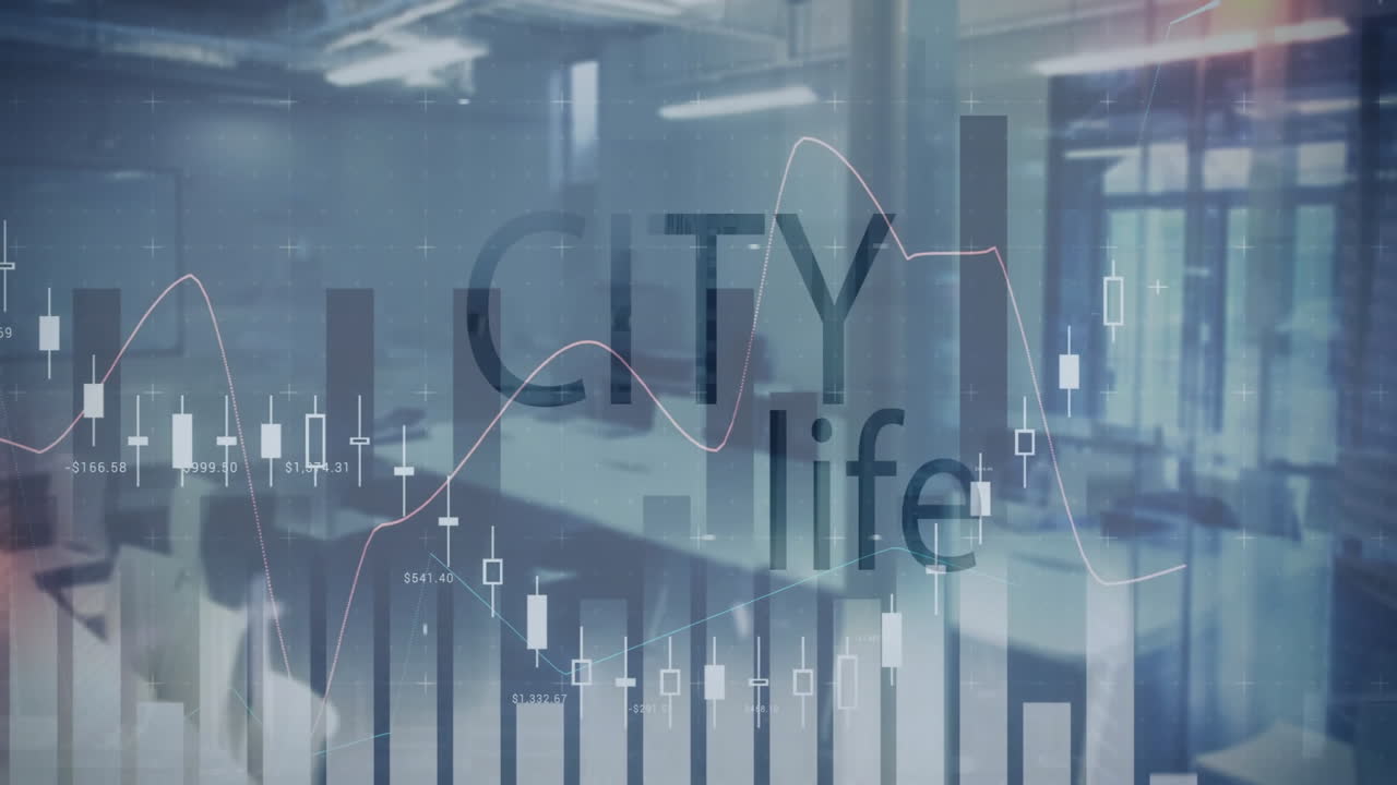 City life text and financial data animation over modern office background