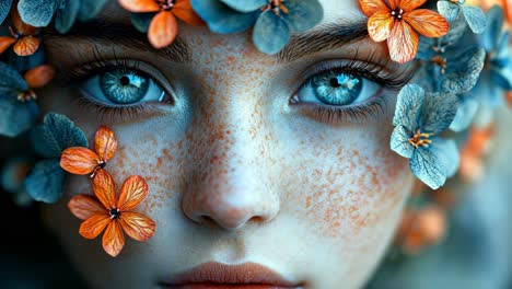 close-up view of a girl adorned with flowers and vibrant blue eyes