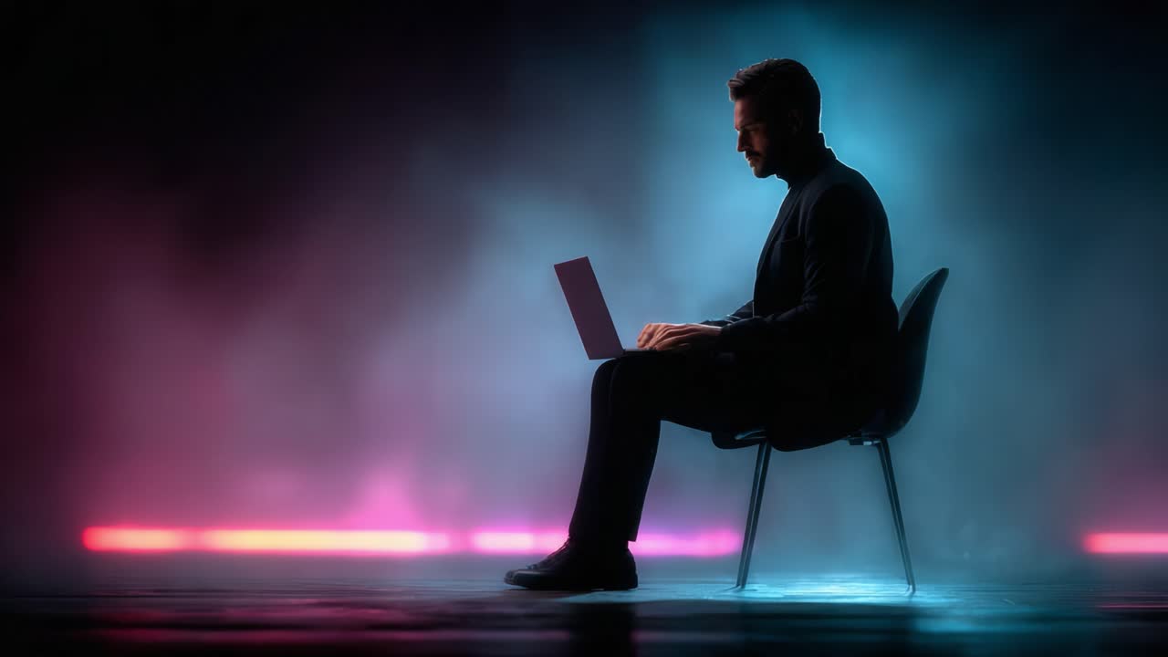 A Contemplative Moment: A Man Silhouetted with a Laptop Amidst Colorful Lighting and Mist, Focusing on Digital Engagement and Innovation