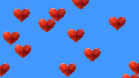 animation of red abstract shapes and red heart icons floating against blue background