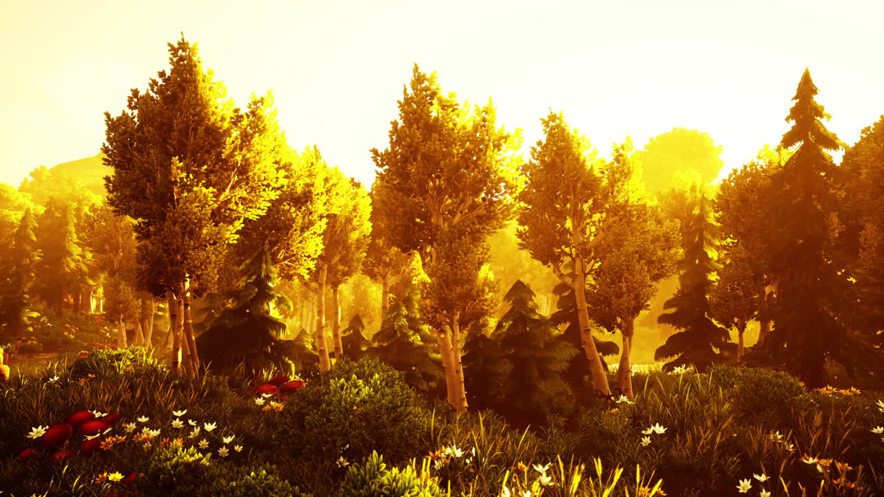 일몰 에 푸른 숲 이 꽃피고 있는 만화