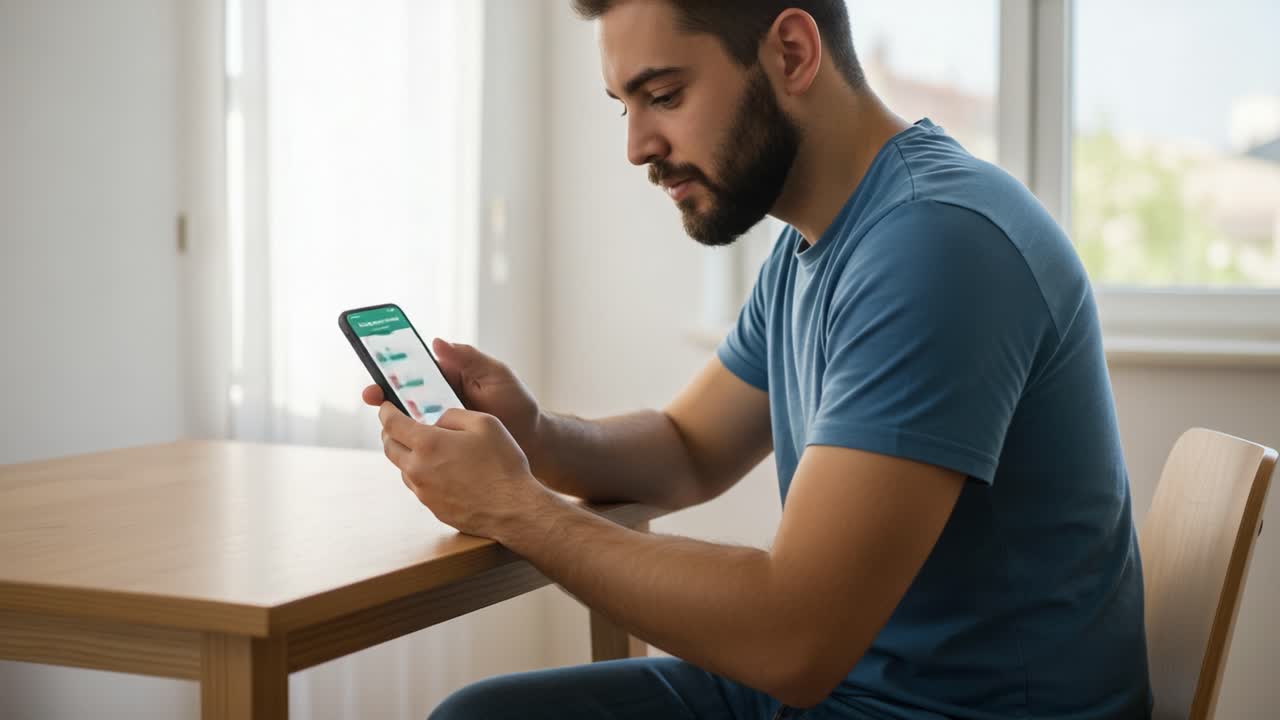 A young man engrossed in his smartphone, analyzing information, showcasing focus and engagement while seated at a wooden table in a well-lit indoor environment