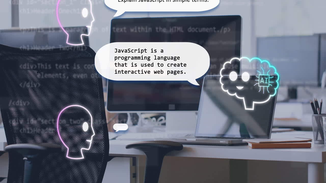 Animation of ai text, chat bot and data processing over computer and laptop
