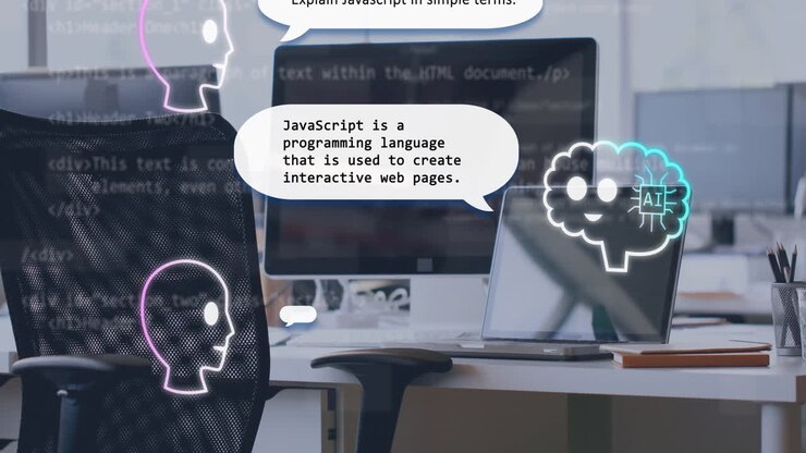 Animazione di testo AI, chatbot ed elaborazione dati su computer e laptop