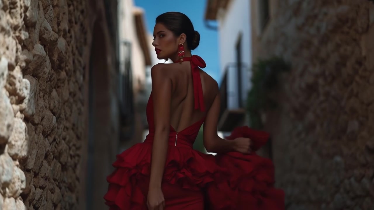 Donna in abito da sera rosso scollato sulla schiena in piedi in una stretta strada di pietra