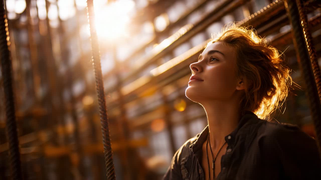 A thoughtful woman gazes upward in a moment of reflection, illuminated by the warm glow of sunlight filtering through a complex structure of ropes and beams, creating a serene atmosphere of hope and contemplation