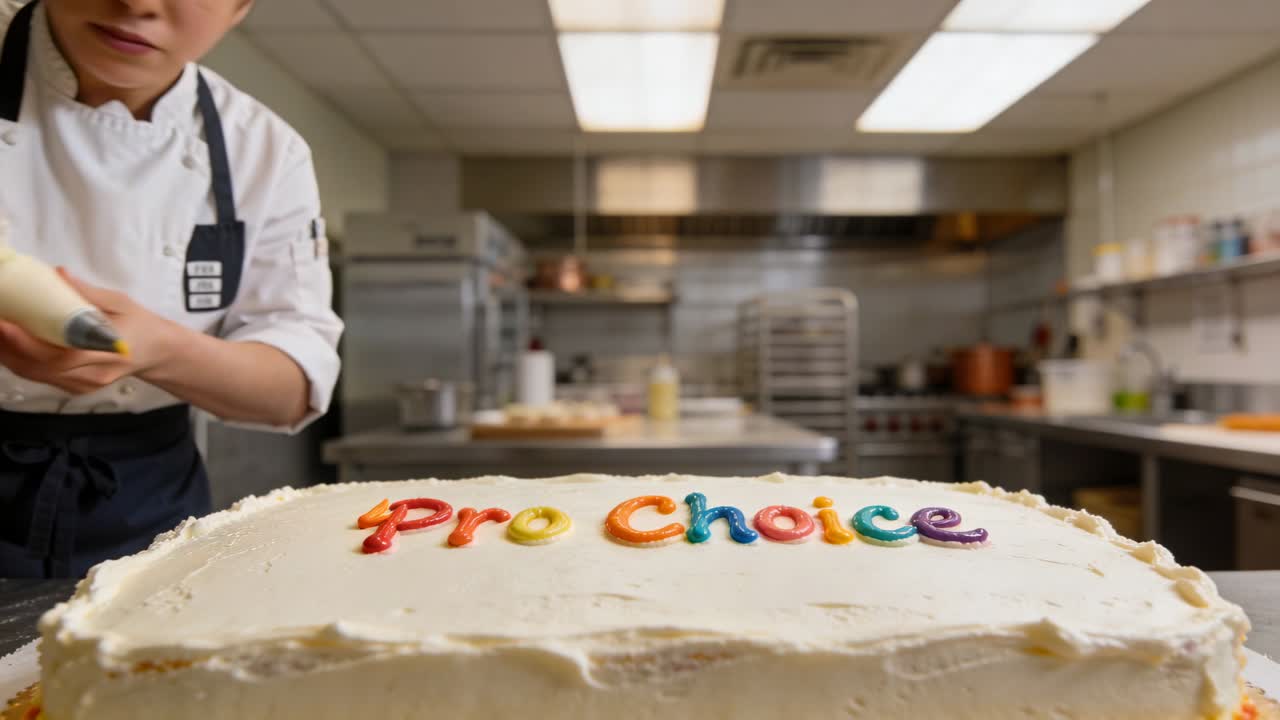 En kokk i jakke og forkle pynter «Pro-Choice» på en kake med sprøytepose på et bakeri, etter at kaken er glasert.