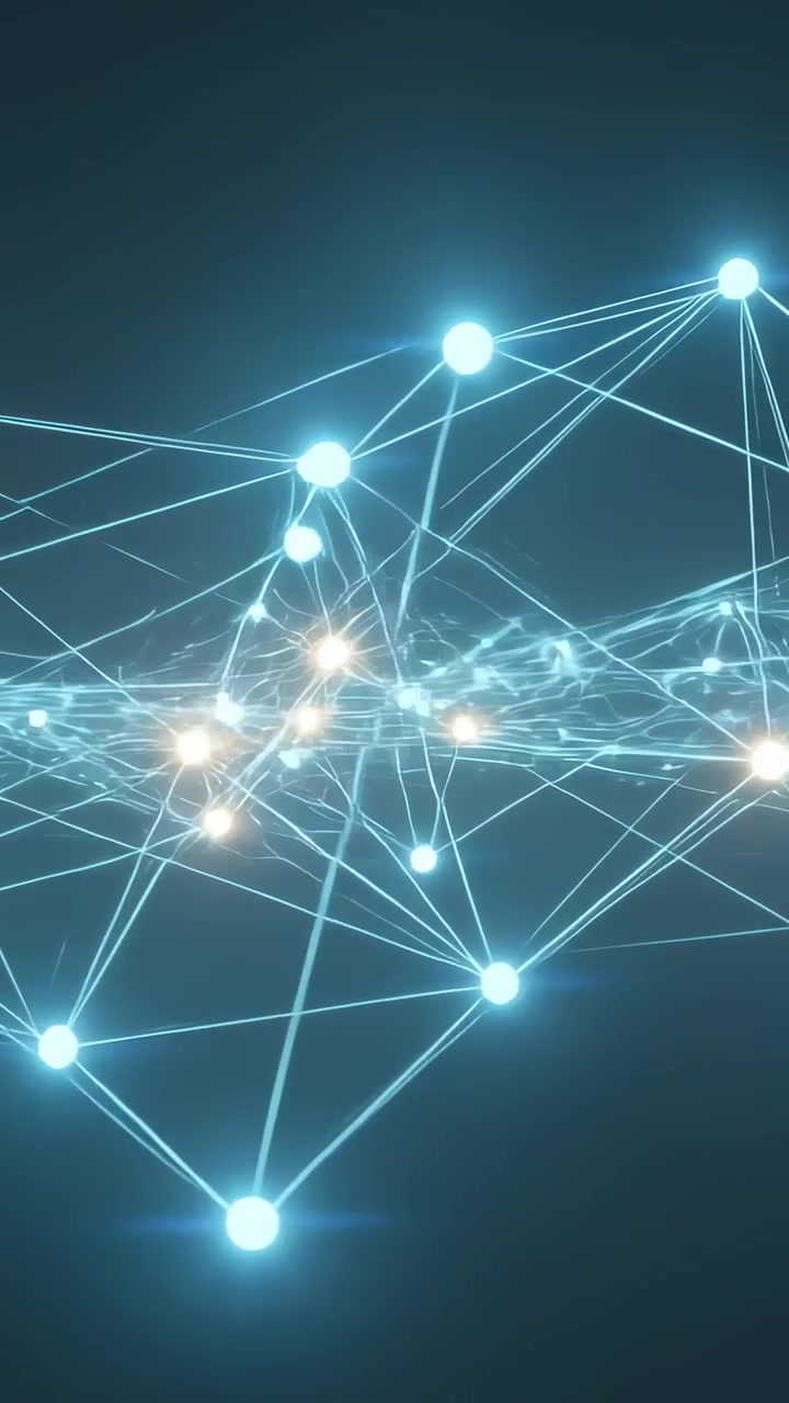 Vertical video: Flaring core sparking net pulsing, sending energy along nodes in digital space