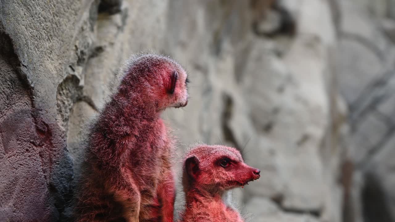 Una coppia di suricati dal manto rossastro che riposano nella natura selvaggia e osservano l'area, primo piano.