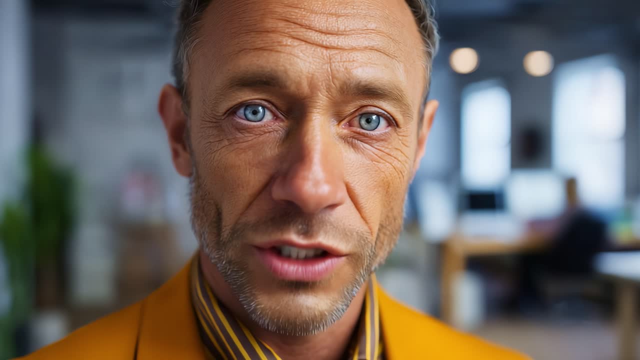 Um indivíduo focado em um elegante terno laranja, exibindo traços expressivos e cativantes olhos azuis em um ambiente de escritório moderno