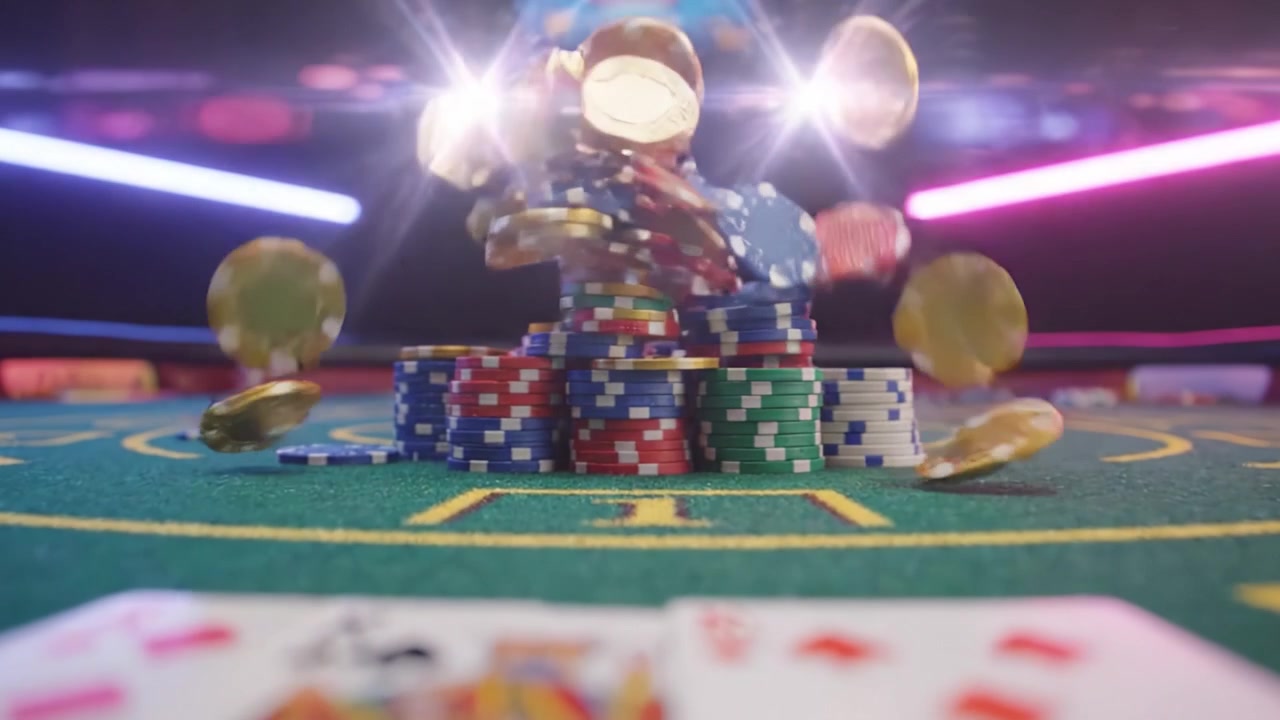 Cautivadora escena de casino: Juegos de altas apuestas con fichas y cartas coloridas en una emocionante mesa de juego, destacando la emoción del azar y la estrategia.