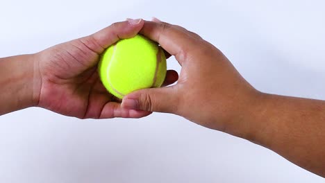 close-up of hands gripping and transferring a tennis ball against a plain background.