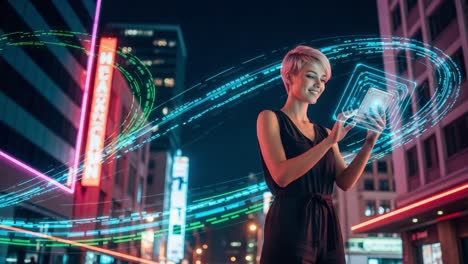 a glimpse into the future: a young woman engaged with a futuristic device amidst vibrant city lights and colorful digital effects