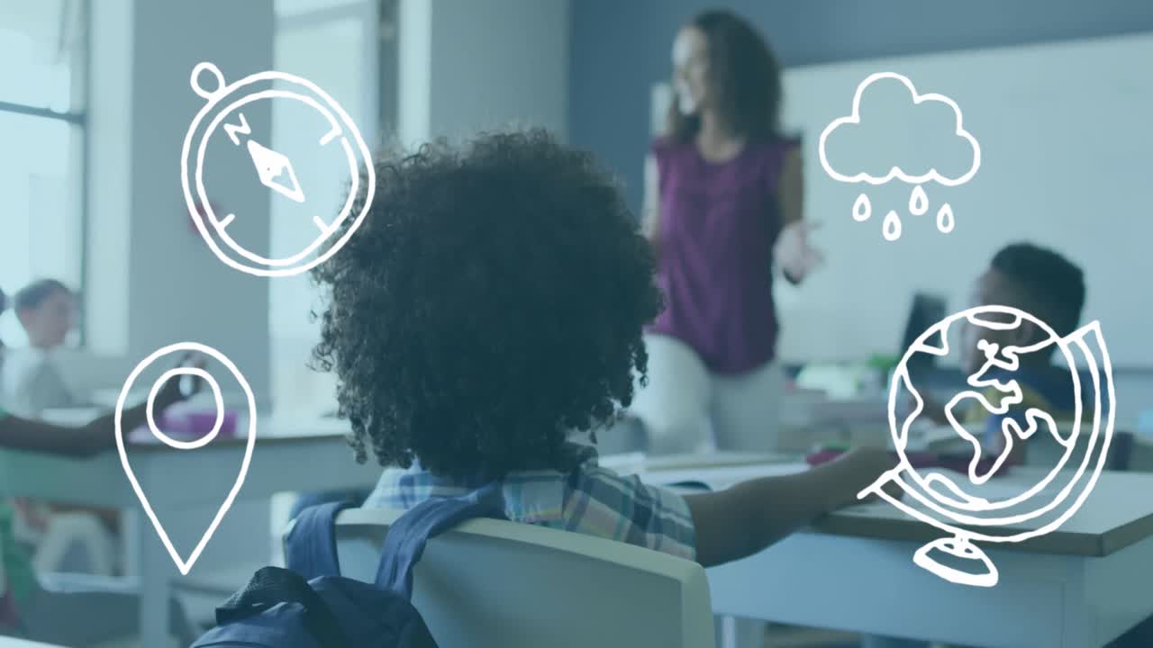 animación de iconos de geografía sobre diversas maestras hablando con los alumnos escuchando en los escritorios