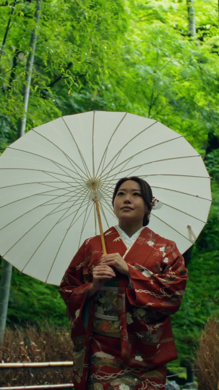 Woman in traditional Japanese kimono with umbrella in a garden