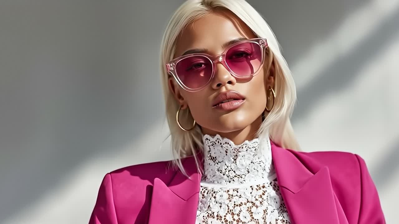 A woman wearing a pink suit and sunglasses