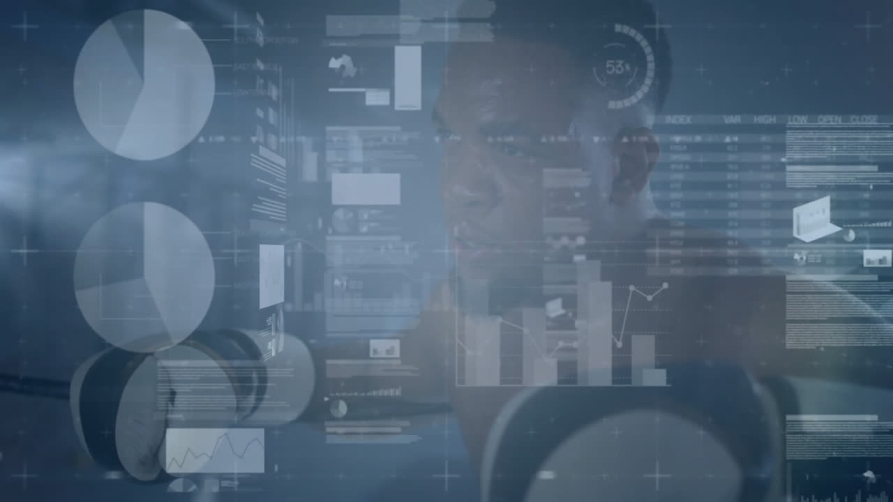 Male speaker presenting in tech studio with floating pie chart bar graph line chart dashboard