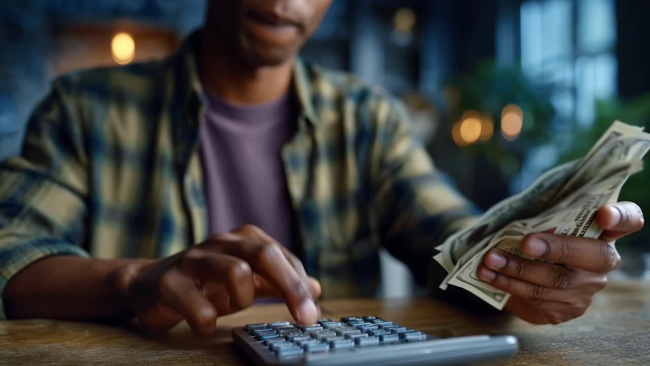 Calcolo delle Finanze: Un primo piano di una persona che conta contanti mentre usa una calcolatrice per gestire il budget e la pianificazione finanziaria in un ambiente interno accogliente.