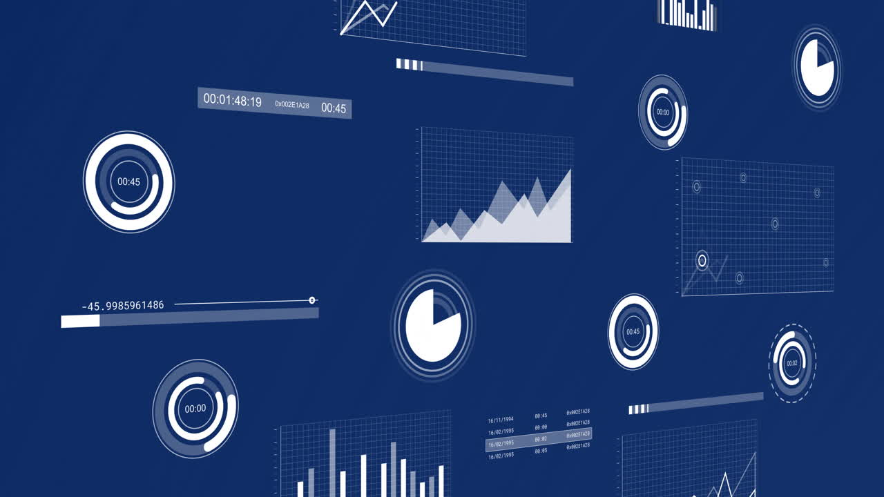 Animation of scanners and charts processing data on dark blue background