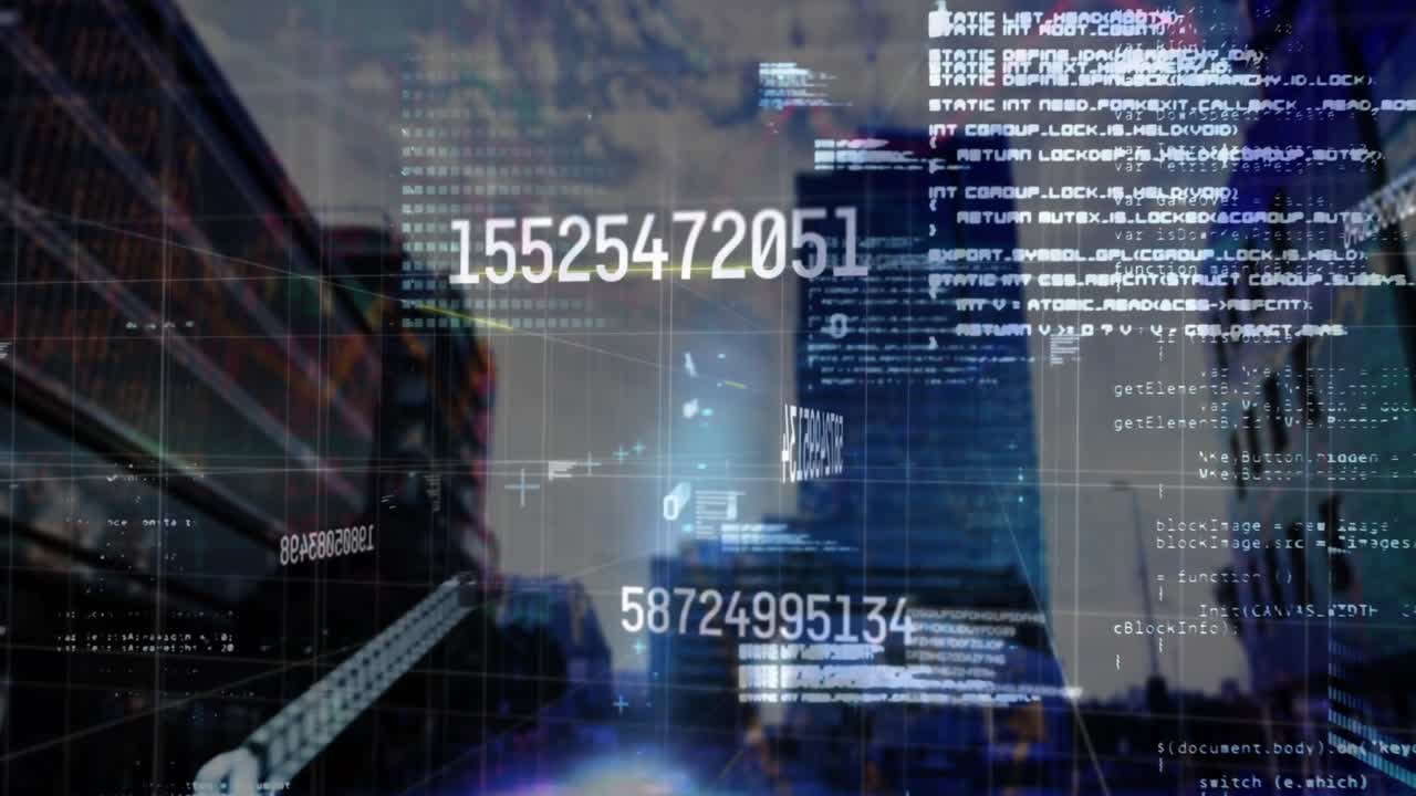 Animation of binary coding and data processing over cityscape