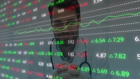 animación de datos del mercado de valores sobre el médico con estetoscopio en el fondo