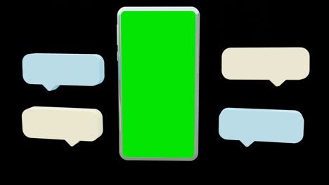 modern smartphone with green screen and chatting on black background . 3d illustration rendering . 4k resolution video . for business, market and etc . computer generated image . easy customizable