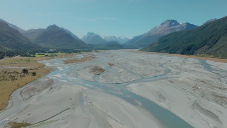 aerial view of dart river te awa whakatipu braided river system in mountainous southern alps landscape of glenorchy, south island of new zealand aotearoa