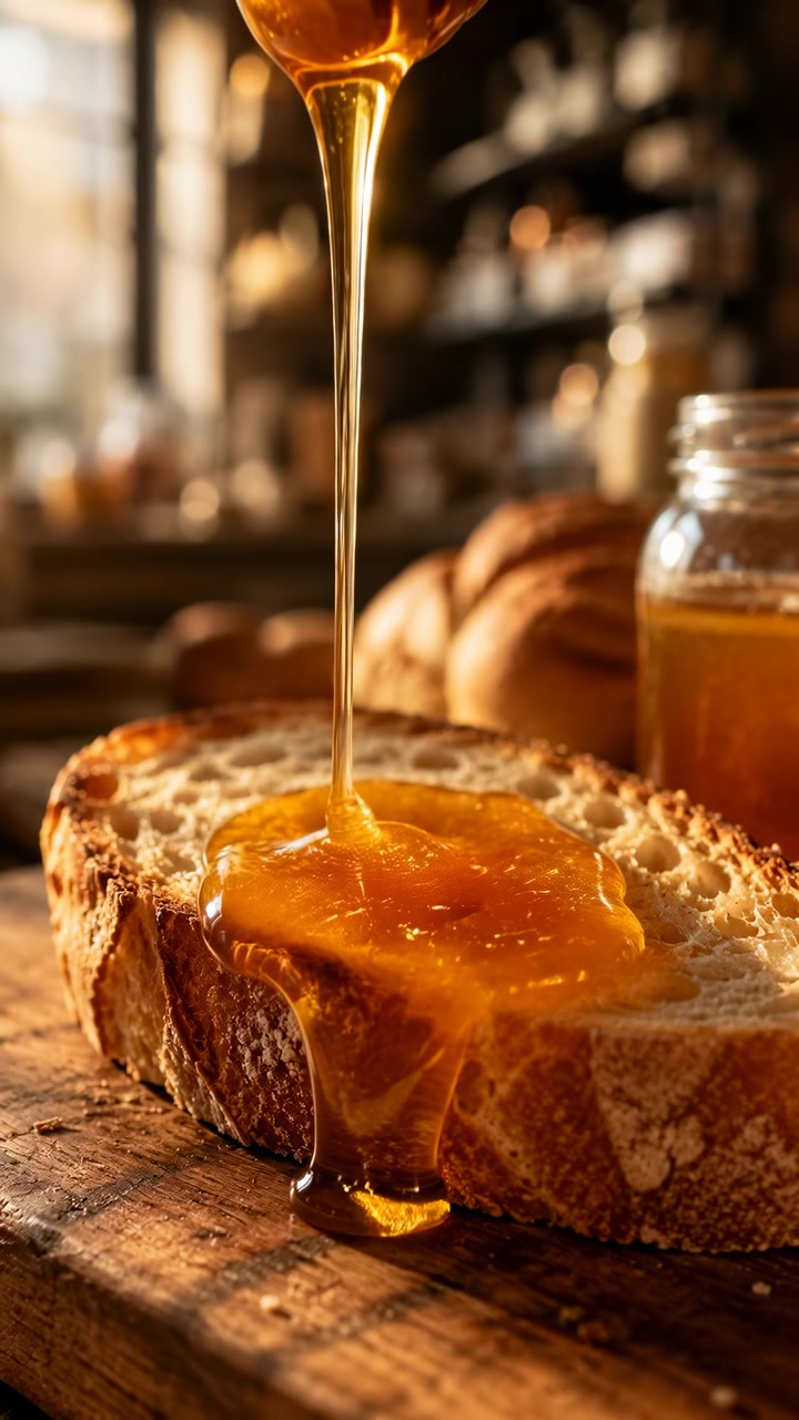 Un rivolo di sciroppo ambrato cade su un toast e si sparge su una superficie texturizzata, mostrando una lucentezza riflettente, una crosta dettagliata, un'illuminazione calda e un flusso liquido graduale all'interno di una composizione alimentare ravvicinata