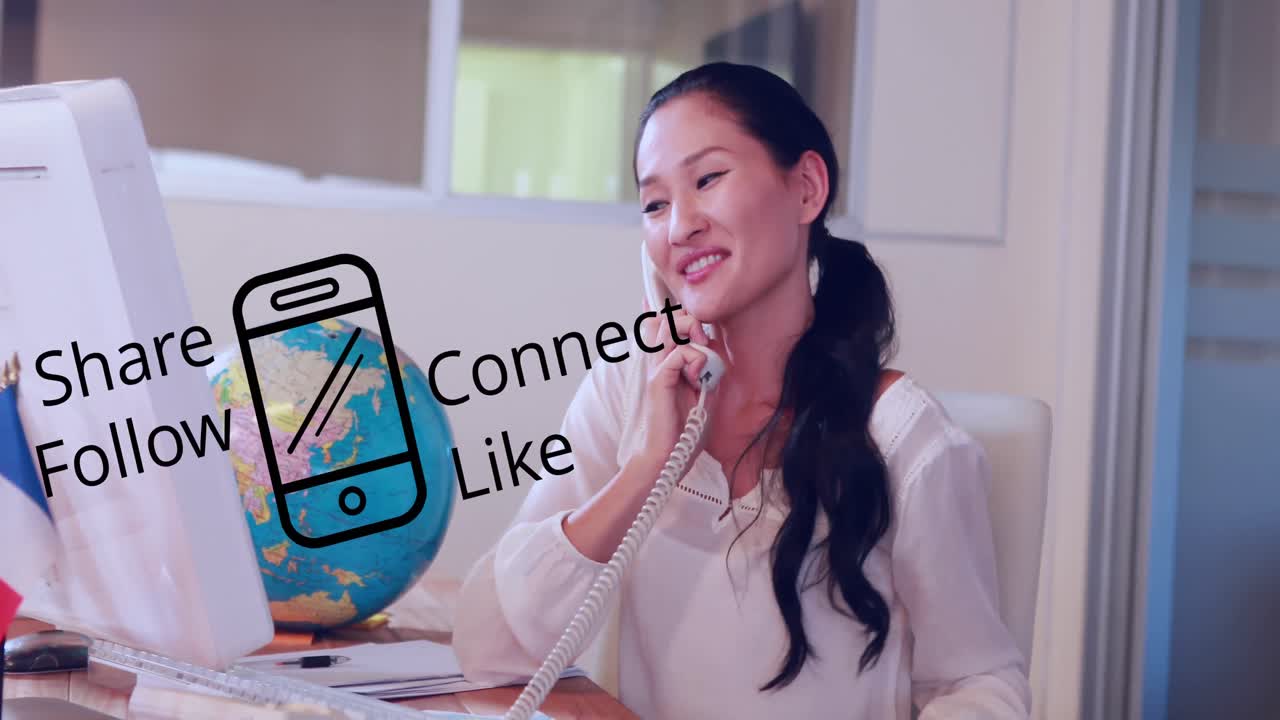 을 공유하는 애니메이션, 전화를 사용하는 아시아 여성에 대한 텍스트와 같은 연결