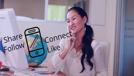 Animation-of-share-follow-connect-like-texts-over-asian-woman-using-phone