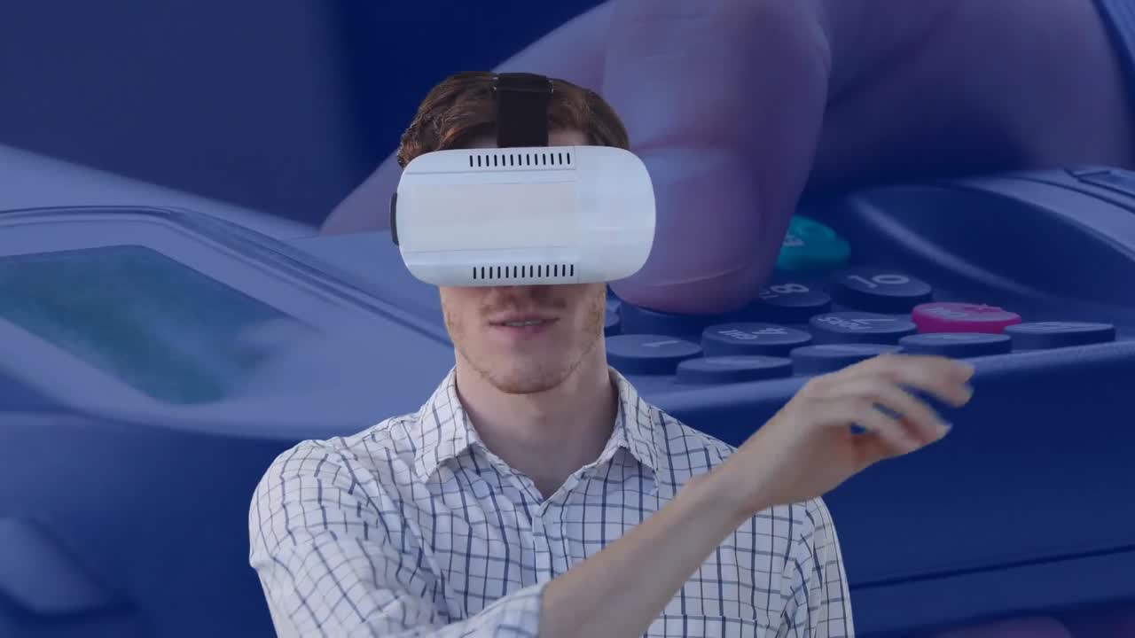 Animation of businessman wearing vr headset touching virtual screen over payment terminal