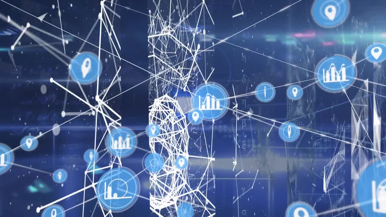 어두운 배경 위에 아이콘으로 연결 네트워크의 애니메이션