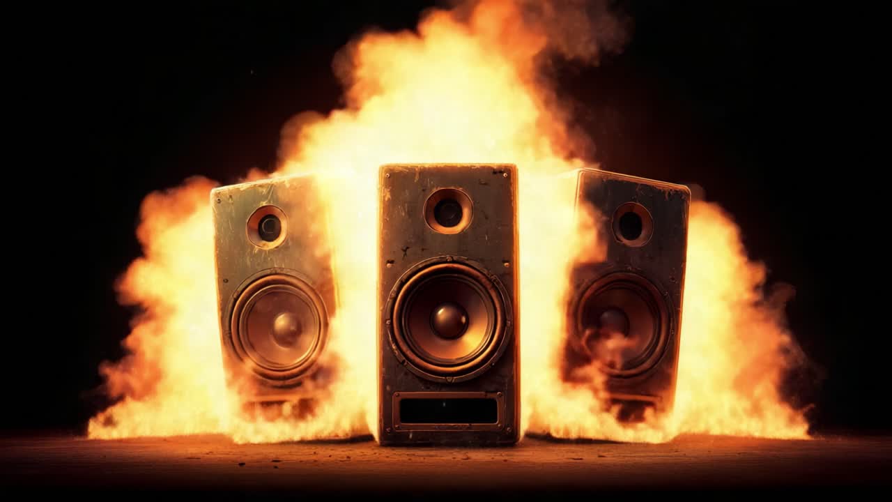 Explosive Sound: Three Vintage Speakers Erupting with Flames, Creating a Dramatic Visual Symphony of Fire and Audio Power in a Stunning Display of Energy