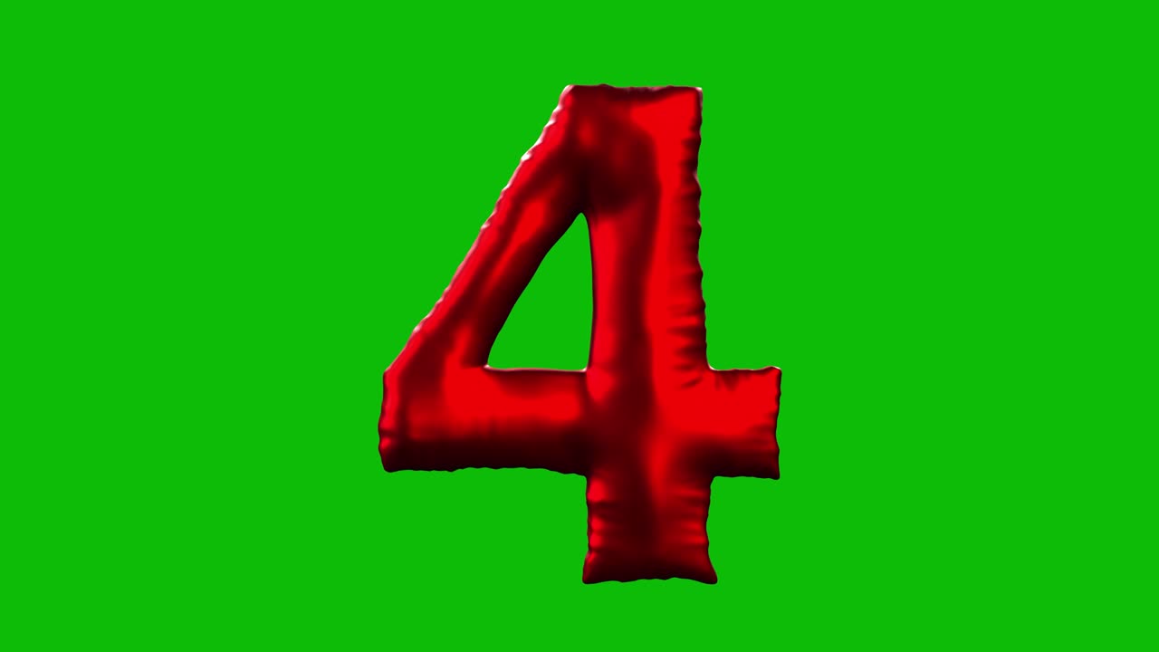 Red Foil balloon number 4 inflates, spins, and reveals on green screen in 3D animation. Ideal for celebrations, parties, birthdays, and video editing projects