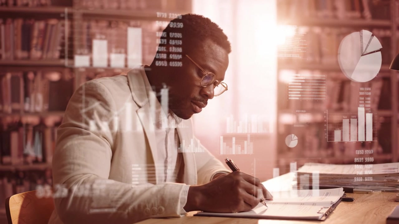 Focused Professional Analyzing Data and Trends in a Library During Golden Hour, Captivating Scene Showcasing Dedication to Work and Knowledge Expansion