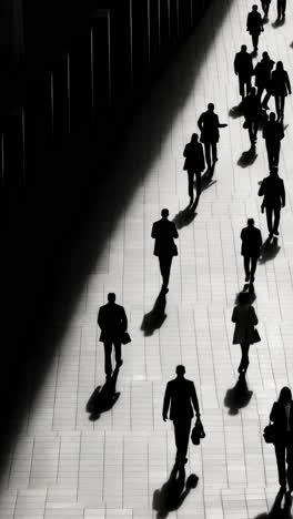 high-angle shot of silhouetted figures walking on a sunlit path, casting long shadows