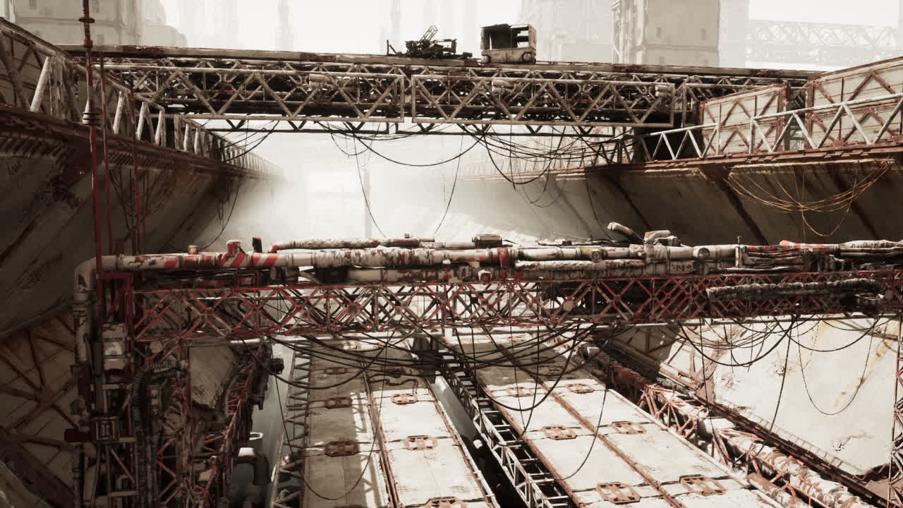 앞면에 폐허가 된 건물이 있는 미래의 도시 풍경입니다.