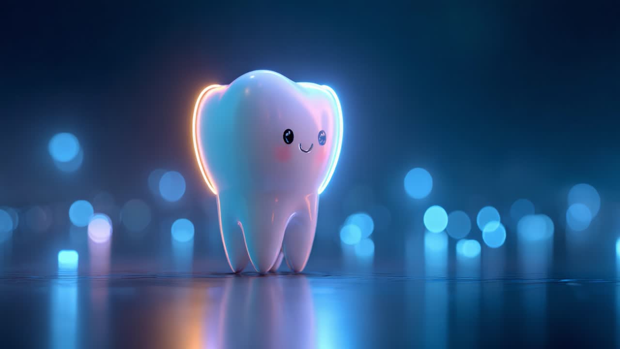 A Charming Cartoon Tooth Character Radiating Joy and Brightness Amidst a Colorful Background of Glowing Lights, Perfect for Promoting Dental Health and Awareness